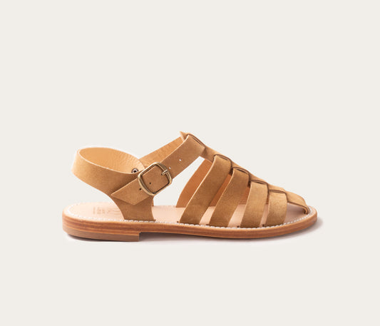 chaussure de pêcheur en cuir, chaussure d'eau, chaussure en cuir, sandale en cuir daim, sandale en cuir velours, velours havane, sandale style pêcheur en cuir daim femme, nu pieds femme en velours, nu pieds femme style chaussure d'eau, sandale camarguaise, sandale fabriquée en France, label epv, 